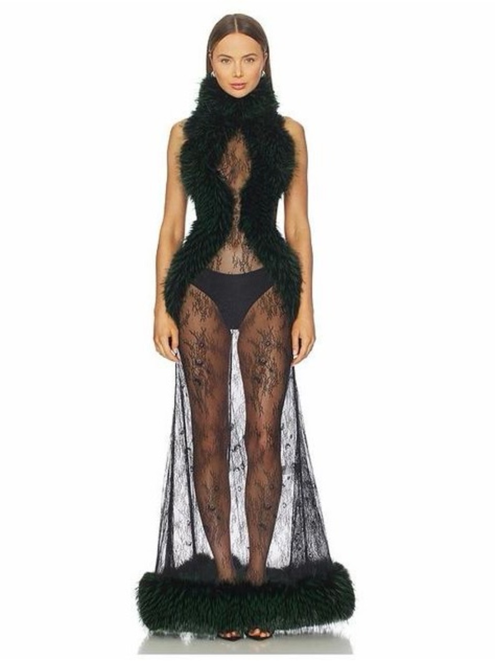 Kim Shui Valentina green black faux fur lace maxi